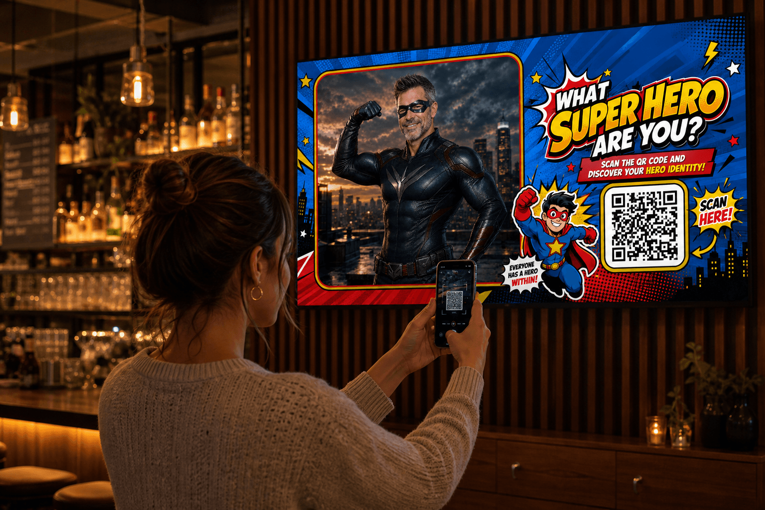A guest scanning the QR code on a superhero-themed TV in a bar