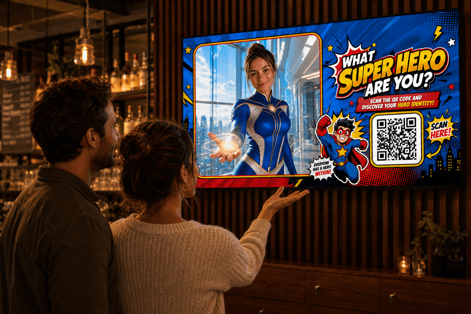 A guest showing her friend the superhero photo and QR code on the bar TV