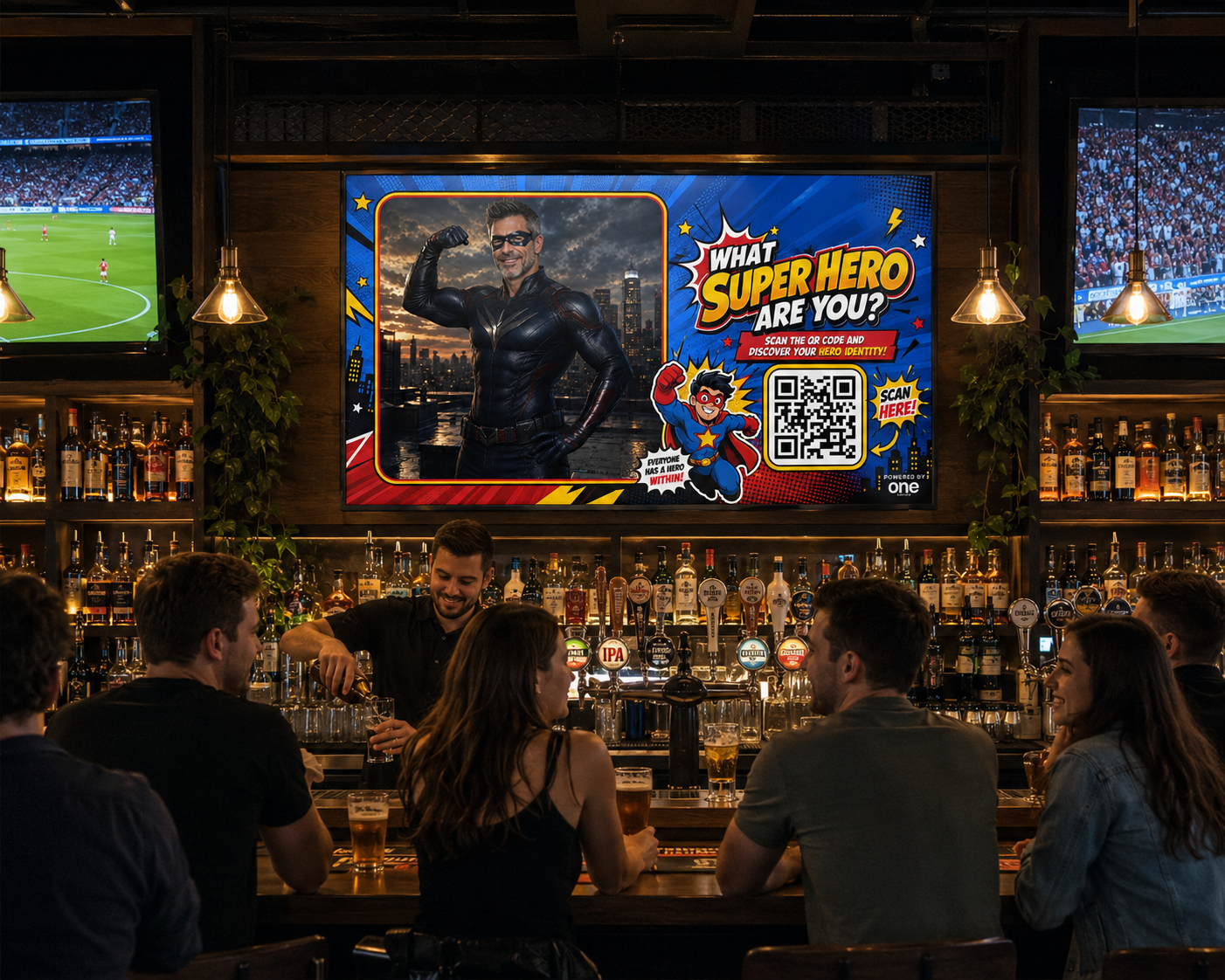 A superhero Moment displayed on a screen in a bar